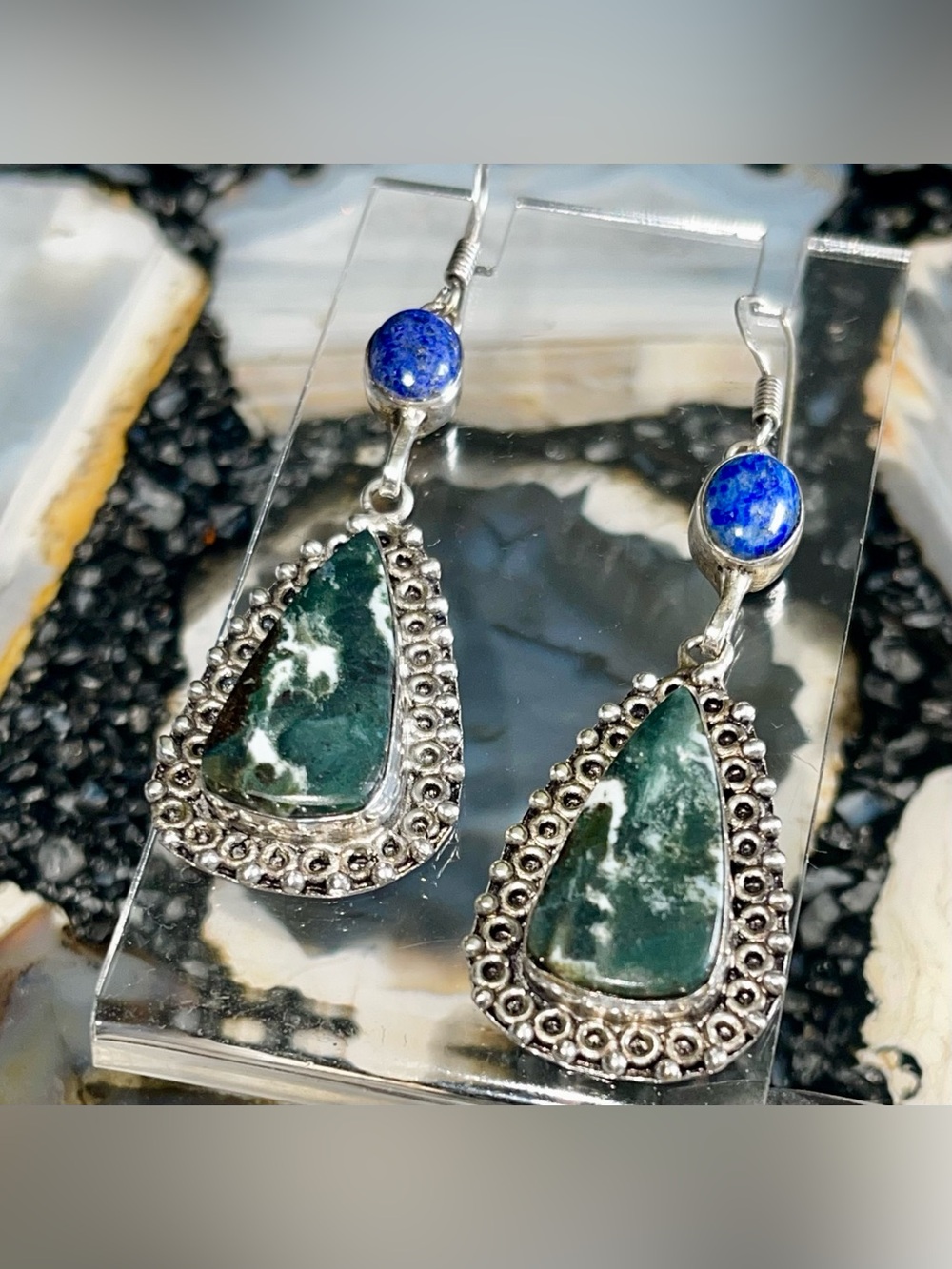 Tree Agate & Lapis Lazuli Earrings 2 1/2”
